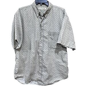 NATURALIFE Men Shirt Size L Tan Blue Linen Cotton Short Sleeve Button Down Print
